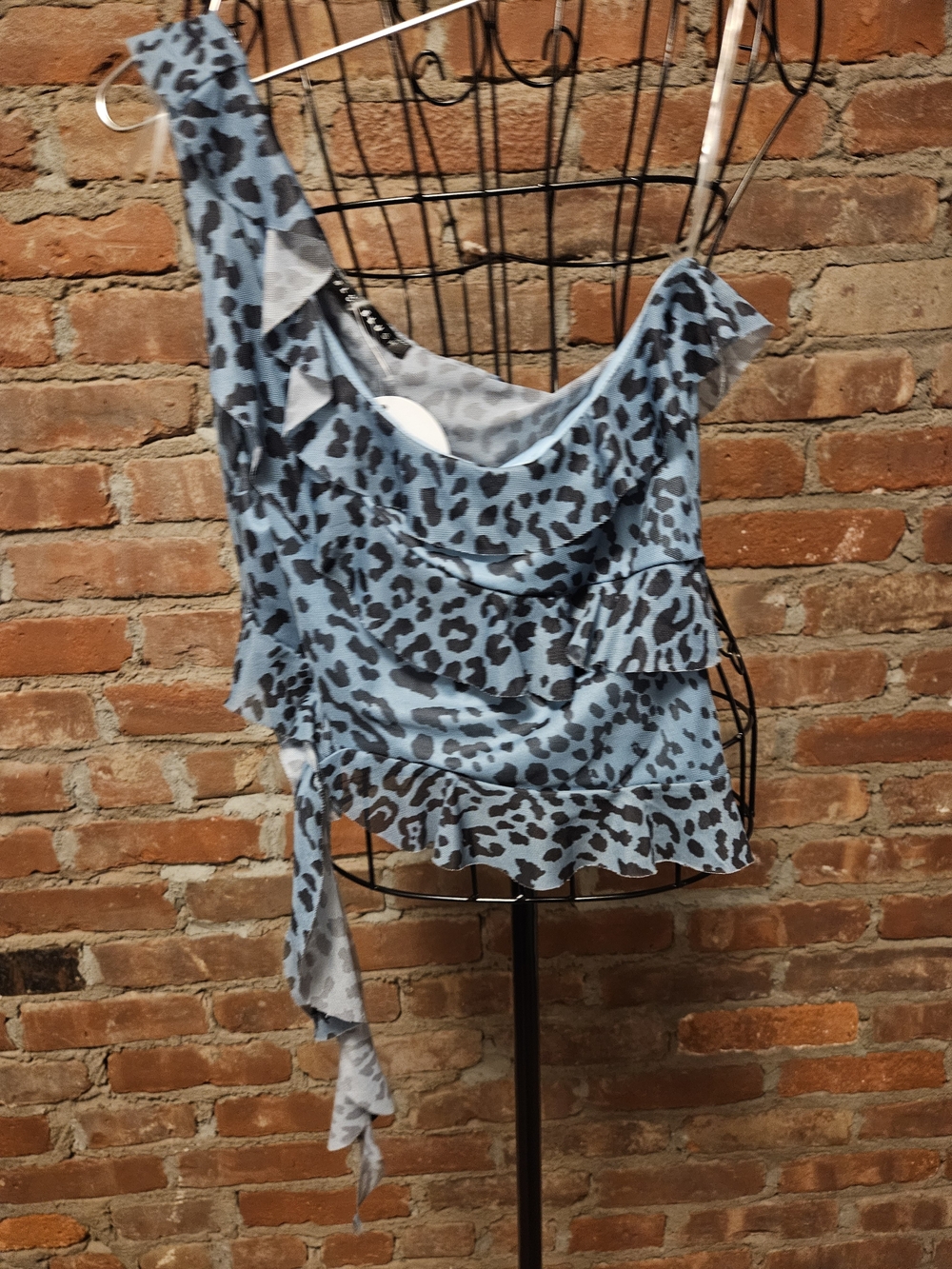 Blue Blush Blue and Black Leopard One-Shoulder Ruffle Camisole